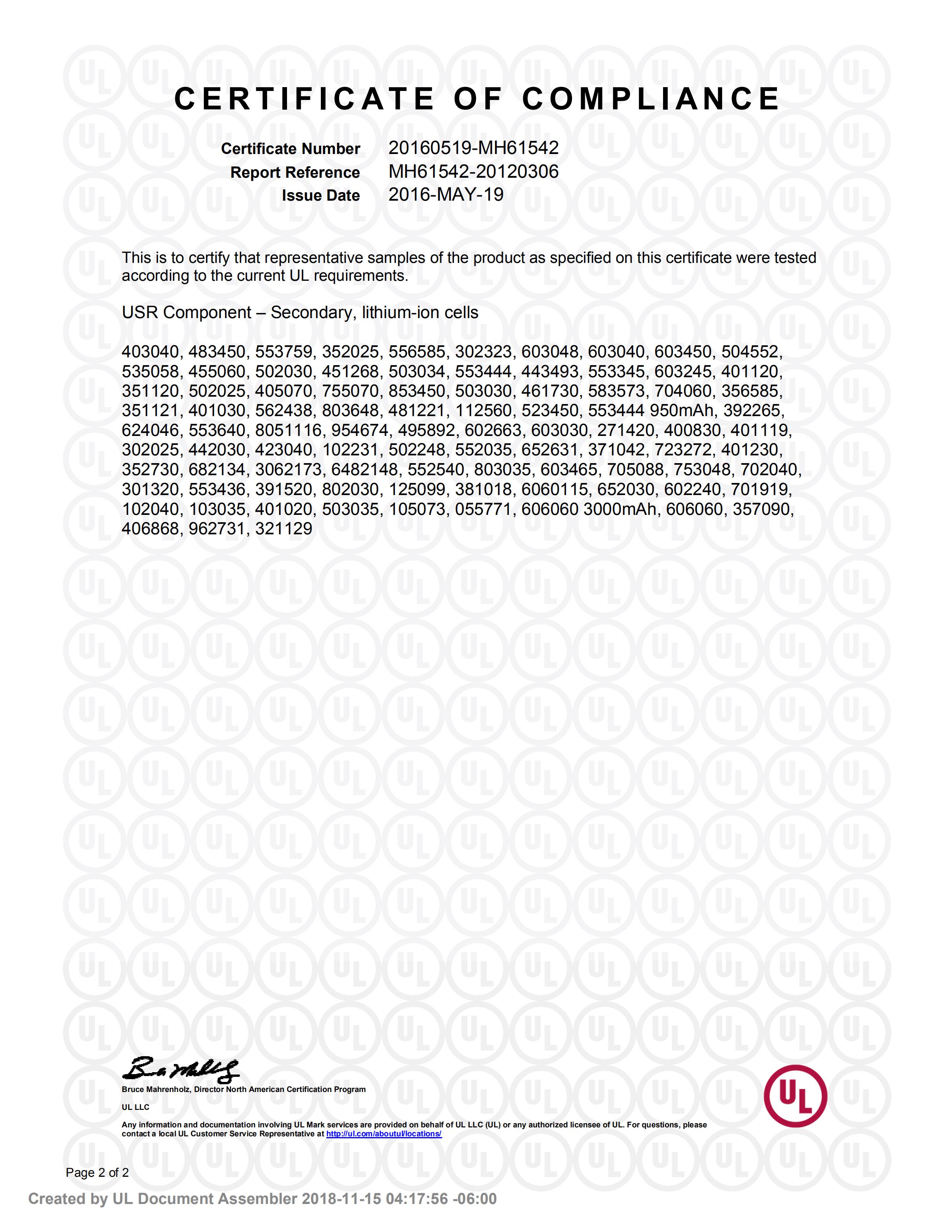 A&S Power lipo battery UL1642 Certification